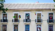 A photo taken on May 12, 2018 shows a 2018 World Cup welcome mural on a building in the Southern Russian city of Rostov-on-Don. Rostov-on-Don will host several matches during the FIFA World Cup 2018. / AFP / Mladen ANTONOV