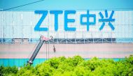 This picture taken on May 3, 2018 shows the ZTE logo on an office building in Shanghai. AFP / Johannes Eisele