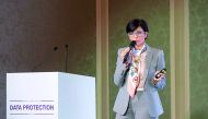 Luigia Ingianni, Commissioner of the Employment Standards Office at the Qatar Financial Centre Authority, making a presentation.