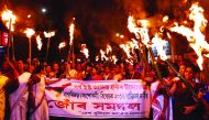 Activists of the North East Women Front (NEWF) take part in a torch light procession in protest against the Citizenship (Amendment) Bill 2016 proposal to provide citizenship or stay rights to minorities from Bangladesh, Pakistan and Afghanistan in India, 