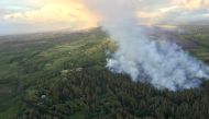Fissure 8 continues to feed lava into multiple flow lobes advancing to agricultural land toward the northeast, as shown in this aerial view from a helicopter overflight in the vicinity of Kapoho Crater, Hawaii, U.S., June 1, 2018. USGS/Handout via REUTERS