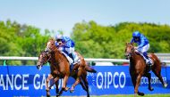 Jockey Cristian Demuro rides Mission Impassible (centre) towards the Prix de Sandringham (Group 2) win at Chantilly, France on Sunday.
