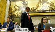 U.S. Ambassador Robert Wood walks out in protest at Syria's presidency of the Conference on Disarmament at the United Nations in Geneva in Geneva, Switzerland May 29, 2018. REUTERS/Denis Balibouse
