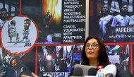 Israeli Culture and Sport Minister Miri Regev speaks during a press conference on June 6, 2018, in Tel Aviv following the cancellation of the game between the Israeli and Argentina.  AFP / Jack Guez