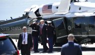 US President Donald Trump disembarks from Marine One upon arrival at Fairmont Le Manoir Richelieu Landing Zone in Charlevoix, Quebec, Canada, June 8, 2018, as Trump travels to attend the G7 Summit. (AFP / SAUL LOEB)