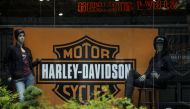 The Harley Davidson logo is displayed in a window of Harley-Davidson of New York City store, June 25, 2018 in New York City.   Drew Angerer/AFP