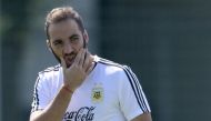 Argentina's forward Gonzalo Higuain takes part in a training session at the team's base camp in Bronnitsy, on June 29, 2018 on the eve of the team's round of sixteen football match as part of the Russia 2018 World Cup. / AFP / JUAN MABROMATA