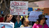 People take part a in protest against US immigration policies in Tijuana, Mexico, on June 30, 2018. The separation of more than 2,000 children from their parents and guardians at the US-Mexico border has sparked international outrage and growing calls in 