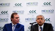 The president of the Businessmen's Coordinating Council, Juan Pablo Castanon (L) listens to Mexico's elected President Andres Manuel Lopez Obrador during a press conference after holding a private meeting in Mexico City, on July 4, 2018. / AFP / Ronaldo S