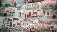 Detail of cave art at the Cerro Azul, in Serrania La Lindosa -which had been declared Protected Archaeological Site of Colombia last May-in the Amazonian jungle department of Guaviare, Colombia, on July 2, 2018.  / AFP / Diana Sanchez