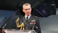 Britain's Chief of the Air Staff, Stephen Hillier speaks during the unveiling of a model of a new fighter jet, a part of Team Tempest, at the Farnborough Airshow, south west of London, on July 16, 2018. AFP / Tolga Akmen