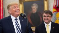 US President Donald Trump speaks during the swearing-in ceremony of Robert Wilkie (R) as Secretary of Veterans Affairs in the Oval Office of the White House in Washington, DC, July 30, 2018. (AFP / SAUL LOEB)
