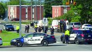 A still image taken from video of the scene of a fatal shooting in Fredericton, New Brunswick, Canada, August 10, 2018. CBC News/Handout via Reuters