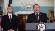 US Secretary of State Mike Pompeo announces Steve Biegun (L) as special representative to North Korea at the State Department in Washington, DC, on August 23, 2018. Secretary Pompeo is scheduled to return to North Korea new week. / AFP / NICHOLAS KAMM