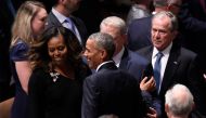 (L-R) Former First Lady Michelle Obama, former US President Barack Obama, former Vice President Al Gore, and former US President George W. Bush arrive for the Memorial Service for US Senator John McCain at the Washington National Cathedral in Washington, 