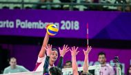 Qatar volleyball players during their third place play-off match against Chiense Taipei during the Asian Games.