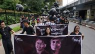 Supporters of detained Myanmar journalists Wa Lone and Kyaw Soe Oo march during a rally in Yangon demanding for their release on September 1, 2018.AFP 