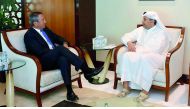 Ministry of Economy and Commerce H E Sheikh Ahmed bin Jassim Al Thani (right) with the visiting Representative of the First District of South Carolina, Mark Sanford, at his office in Doha, yesterday.
