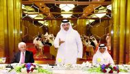 Minister of Economy and Commerce H E Sheikh Ahmed bin Jassim bin Mohammed Al Thani with President and CEO of US Chamber of Commerce, Thomas Donohue, yesterday in Doha.