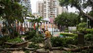 A worker clears branches from a playground a day after Typhoon Mangkhut hit Macau on September 17, 2018. / AFP / ISAAC LAWRENCE
