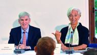 Christine Lagarde, International Monetary Fund (IMF) Managing Director, and IMF Deputy Director Philip Gerson, talk to the media at a news conference to mark the publication of the 2018 Article IV assessment of the UK at the Treasury in London, Britain, S