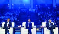 (L to R) Microsoft Executive Vice President of Technology and Research Harry Shum, Alibaba Group Executive Chairman Jack Ma and Foreign Academician of the Chinese Academy of Engineering Raj Reddy attend the main forum of the World Artificial Intelligence 
