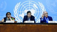 Radhika Coomaraswamy, Marzuki Darusman and Christopher Sidoti, members of the Independent International Fact-finding Mission on Myanmar attend a news conference at the United Nations in Geneva, Switzerland, September 18, 2018. Reuters/Denis Balibouse 