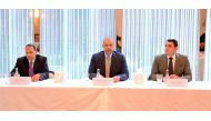 H E Sheikh Ahmed bin Jassim Al Thani (centre), Minister of Economy and Commerce, with Khush Choksy (left), Senior Vice-President of the American Chamber of Commerce for the Middle East affairs, and  Mohammed Barakat, US-Qatar Business Council Managing Dir