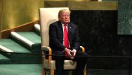 U.S. President Donald Trump sits in the chair reserved for heads of state before delivering his address during the 73rd session of the United Nations General Assembly at U.N. headquarters in New York, U.S., September 25, 2018. REUTERS/Carlo Allegri 