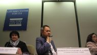 Philippines' Human Rights commissioners Leah Tanodra-Armamento (left) and Roberto Eugenio Cadiz (center) listen to expert testimonies at a hearing held at the New York City Bar Association in New York City, September 27, 2018. Thomson Reuters Foundation/S