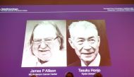 The Nobel Prize laureates for Medicine or Physiology 2018 are James P. Allison, US and Tasuku Honjo, Japan presented at the Karolinska Institute in Stockholm, Sweden October 1, 2018. TT News Agency/Fredrik Sandberg via Reuters

