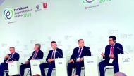H E Dr Mohammed bin Saleh Al Sada (right), Minister of Energy and Industry; Alexander Novak (centre), Russian Minister of Energy; and other officials participating at a panel discussion themed ‘Sustainable Energy in a Changing World’ at the Russian Energy