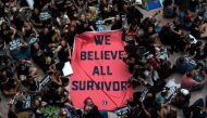 Protesters unfurl a sign as they occupy the Senate Hart building during a rally against Supreme Court nominee Brett Kavanaugh on Capitol Hill in Washington, DC on October 4, 2018.  AFP / Andrew Caballero-Reynolds 