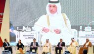 Minister of Finance H E Ali Shareef Al Emadi, (centre) with Minister of Economy and Commerce H E Sheikh Ahmed bin Jassim bin Mohammed Al Thani (second right); Turkey's Deputy Minister of Trade, Gonca Yilmaz Batur (second left);  Tunisia's Minister of Comm