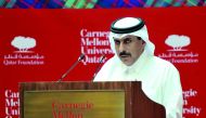 Qatar Central Bank Governor H E Sheikh Abdulla bin Saoud Al Thani addressing the Dean’s lecture series at Carnegie Mellon University, in Doha, yesterday. Pic: Abdul Basit/The Peninsula