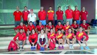 Spanish athletics team members pose for a picture during their training at Aspire Zone yesterday.