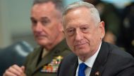In this file photo taken on August 28, 2018 US Secretary of Defense Jim Mattis speaks alongside Chairman of the Joint Chiefs of Staff General Joseph Dunford (L) as he holds a meeting with Indonesia Defense Minister Ryamizard Ryacudu at the Pentagon in Was