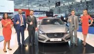 Tamer Abdalla Hassan, Auto Class Cars Brand Manager, and other officials at the launch of MG6 2019 during the opening of Qatar Motor Show 2018 yesterday. 