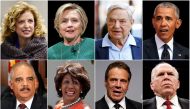 Combination photographs of political figures targeted by suspicious packages - (Top L-R) US Representative Debbie Wasserman Schultz, former Democratic presidential candidate Hillary Clinton, Democratic Party donor George Soros and former U.S. President Ba