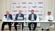 Gibbs Sports Amphibian Chairman Neil Jenkins (second left), Founder and Chief Technology Officer Alan Gibbs (left) and Mohammed Al Sada (right), Partner at Madaeen Al Doha Group, at the event. Pic: Abdul Basit / The Peninsula