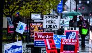 Campaign signs for various candidates outside the Montpelier Town Hall, in Montpelier, Vermont.
