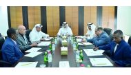 Rashid bin Hamad Al Athba (centre), Second Vice-Chairman of QC and Chairman of the Committee, presiding over the meeting at Qatar Chamber headquarters. 
