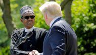 US President Donald Trump and Nigeria’s President Muhammadu Buhari shake hands as they hold a joint news conference in the Rose Garden at the White House, April 30, 2018. Reuters/Carlos Barria