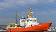 FILE PHOTO: In this file photo taken on August 1, 2018 the rescue ship Aquarius, chartered by French aid group SOS Mediterranee and Doctors Without Borders (MSF), leaves the harbour of Marseille, southeastern France, after having been docked for a month f
