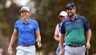 Cameron Smith (L) and Marc Leishmann of Australia share a light moment on the first day of the World Cup of Golf at the Metropolitan Golf Club in Melbourne on November 22, 2018. AFP / William West 