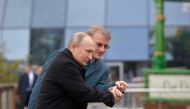Russian President Vladimir Putin accompanied by Chief Executive of Sberbank German Gref while visiting Mria hotel in Yalta, Crimea November 23, 2018. 
