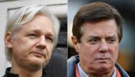 This November 27, 2018 combination picture shows Wikileaks founder Julian Assange at the Embassy of Ecuador in London on May 19, 2017 and former Trump presidential campaign manager Paul Manafort at New York  Yankee Stadium on October 17, 2017. AFP / Getty