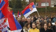 Kosovo Serbs stage a protest against Kosovo's decision on 100 percent tariff for Serbian and Bosnia-Herzogevinan imports in front of European Union Rule of Law Mission in Kosovo (EULEX) building in the northern town of Mitrovica, Kosovo on November 27, 20
