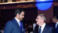 H E Sheikh Joaan bin Hamad Al Thani, President of the Qatar Olympic Committee (QOC), speaks with International Olympic Committee President, Thomas Bach during the General Assembly of The Association Of National Olympic Committees (ANOC), in Tokyo, Japan y