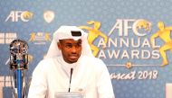 AFC Men’s Player of the Year Abdelkarim Hassan addressing the media during a press conference after receiving his award at the 2018 Asian Football Confederation (AFC) Annual Awards Ceremony in Muscat on Wednesday. 